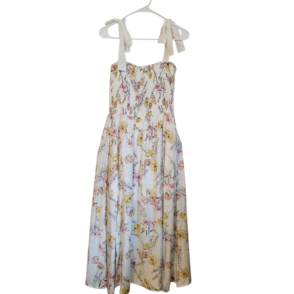 Fanco Floral Smocked Midi Dress Large Cottagecore Tie Shoulder Sundress Romantic - Picture 4 of 11
